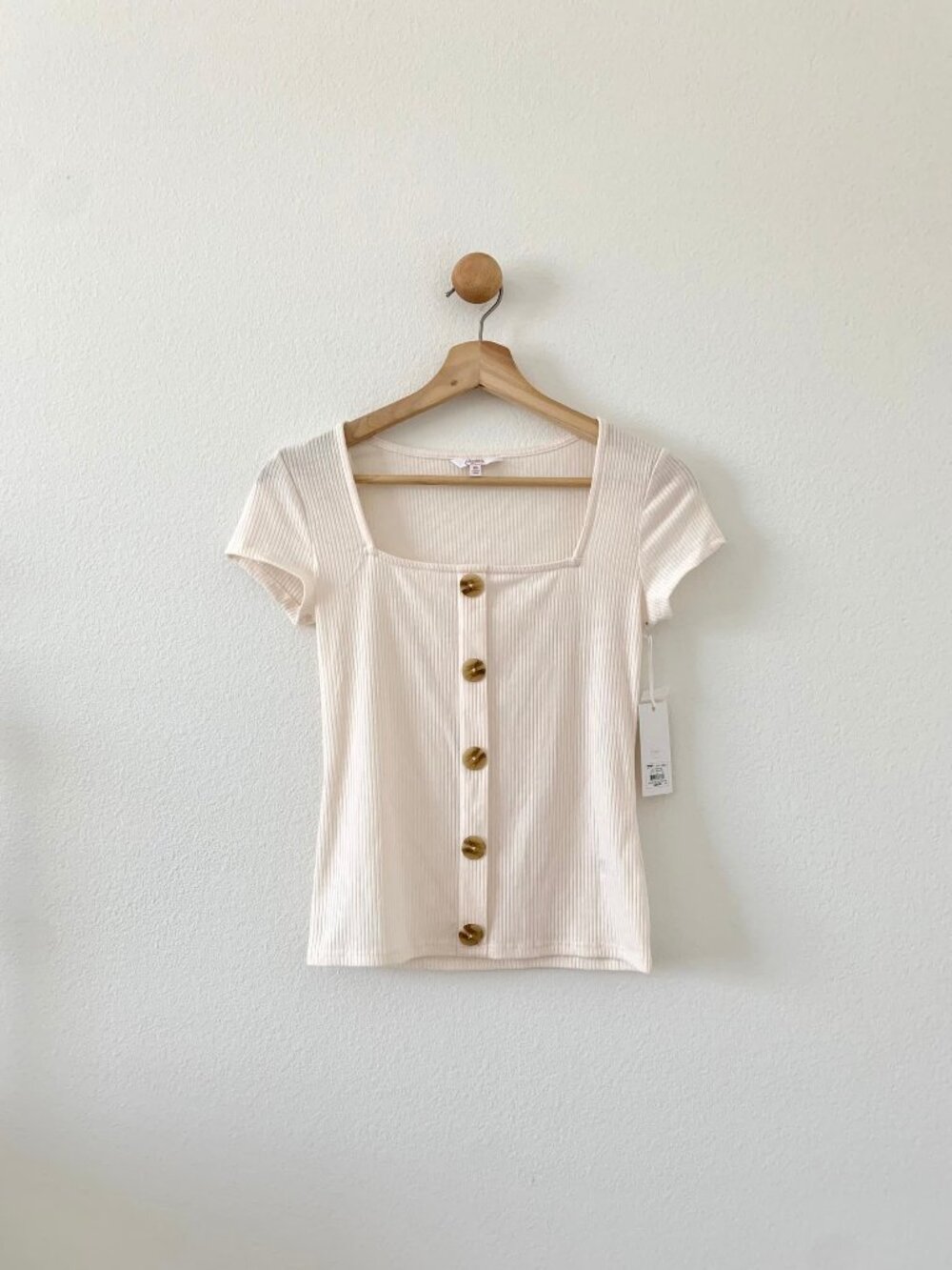 Candies Off White Ribbed Square neck Short Sleeves Blouse Top XSmall